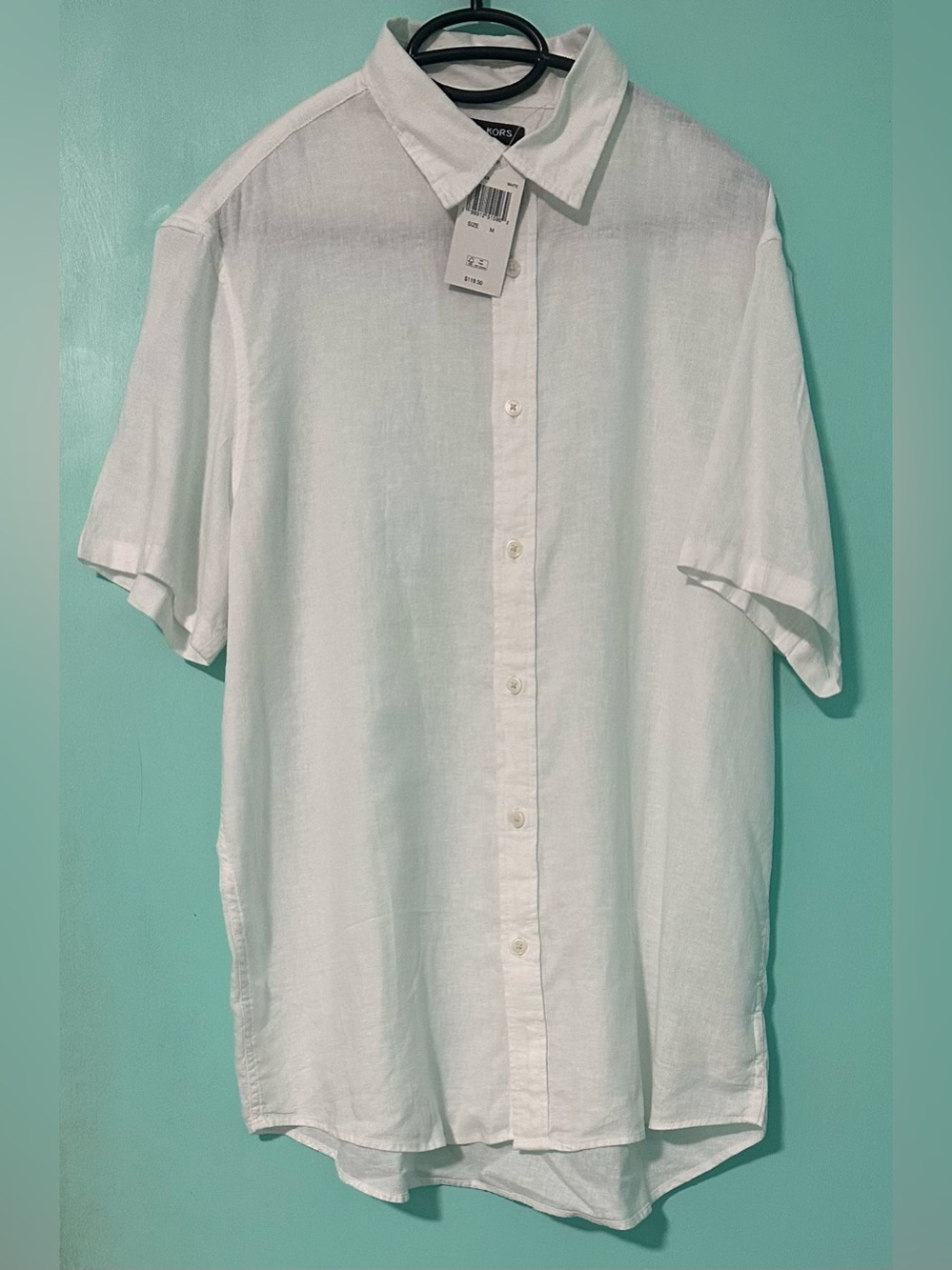 Michael Kors White Short-Sleeve Linen Button-Down Shirt